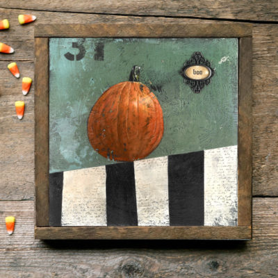 Halloween pumpkin art with reclaimed wood frame