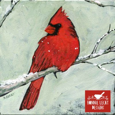 Winter cardinal original acrylic painting by Bonnie Lecat.