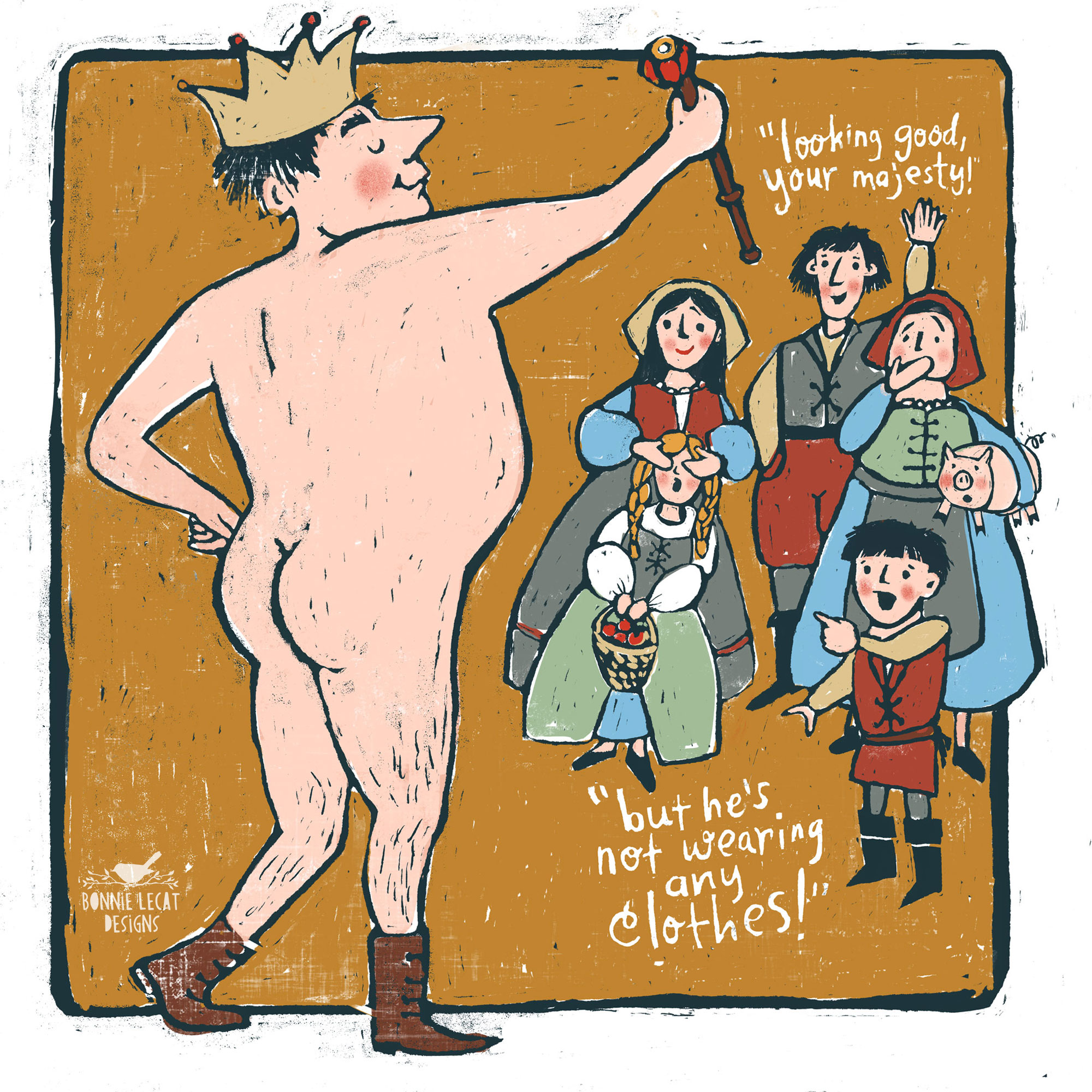 The emperor's new clothes illustration by Bonnie Lecat.